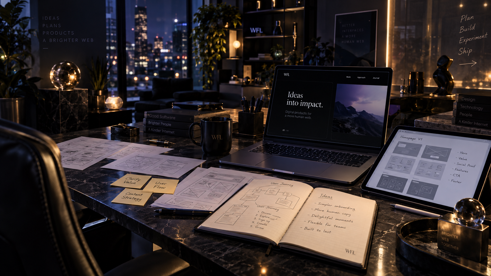 WebFoundry planning environment with wireframes, notebooks and digital interface work