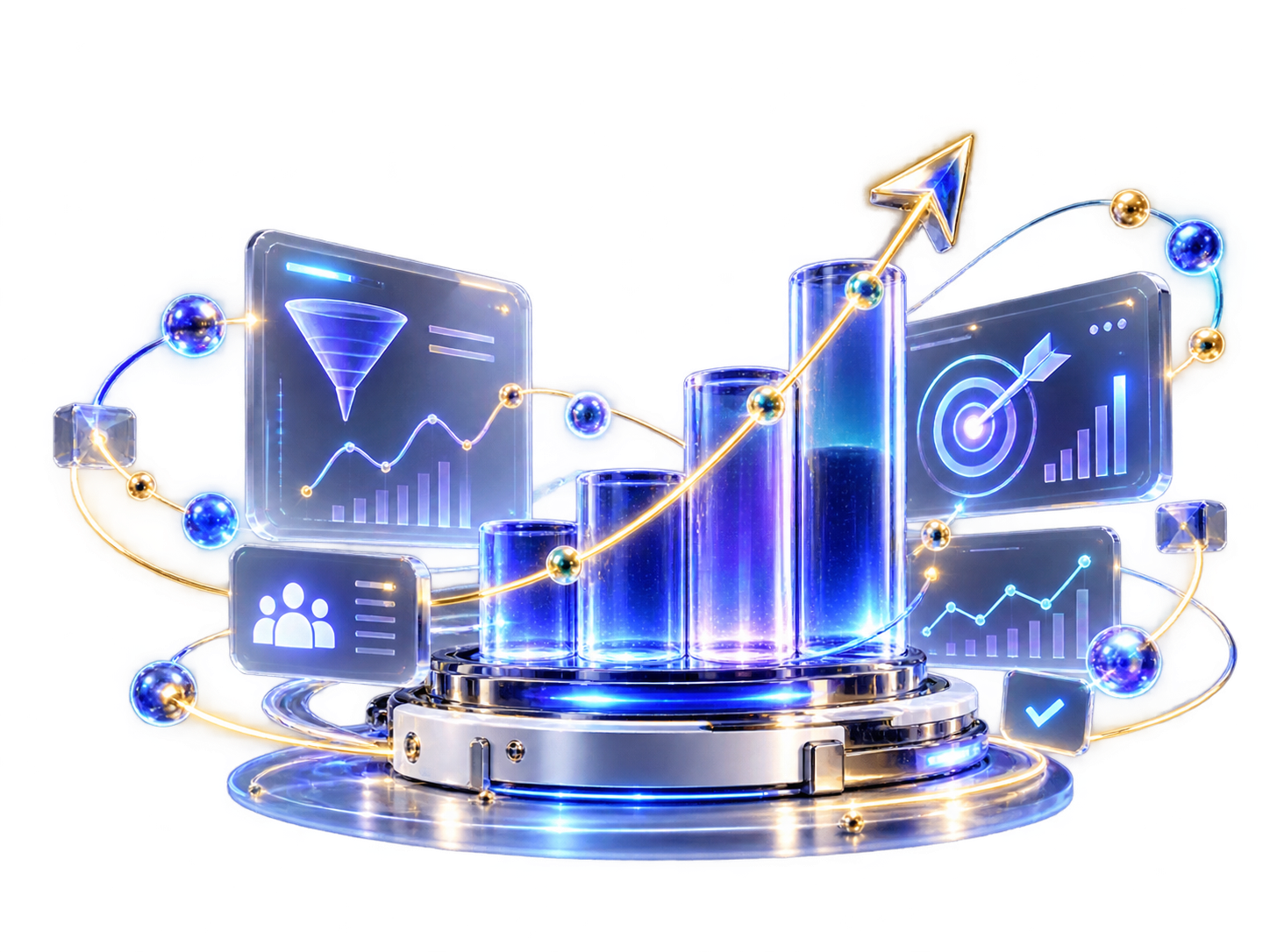 A luminous conversion analytics sculpture with rising columns, charts, targets and growth trajectories.