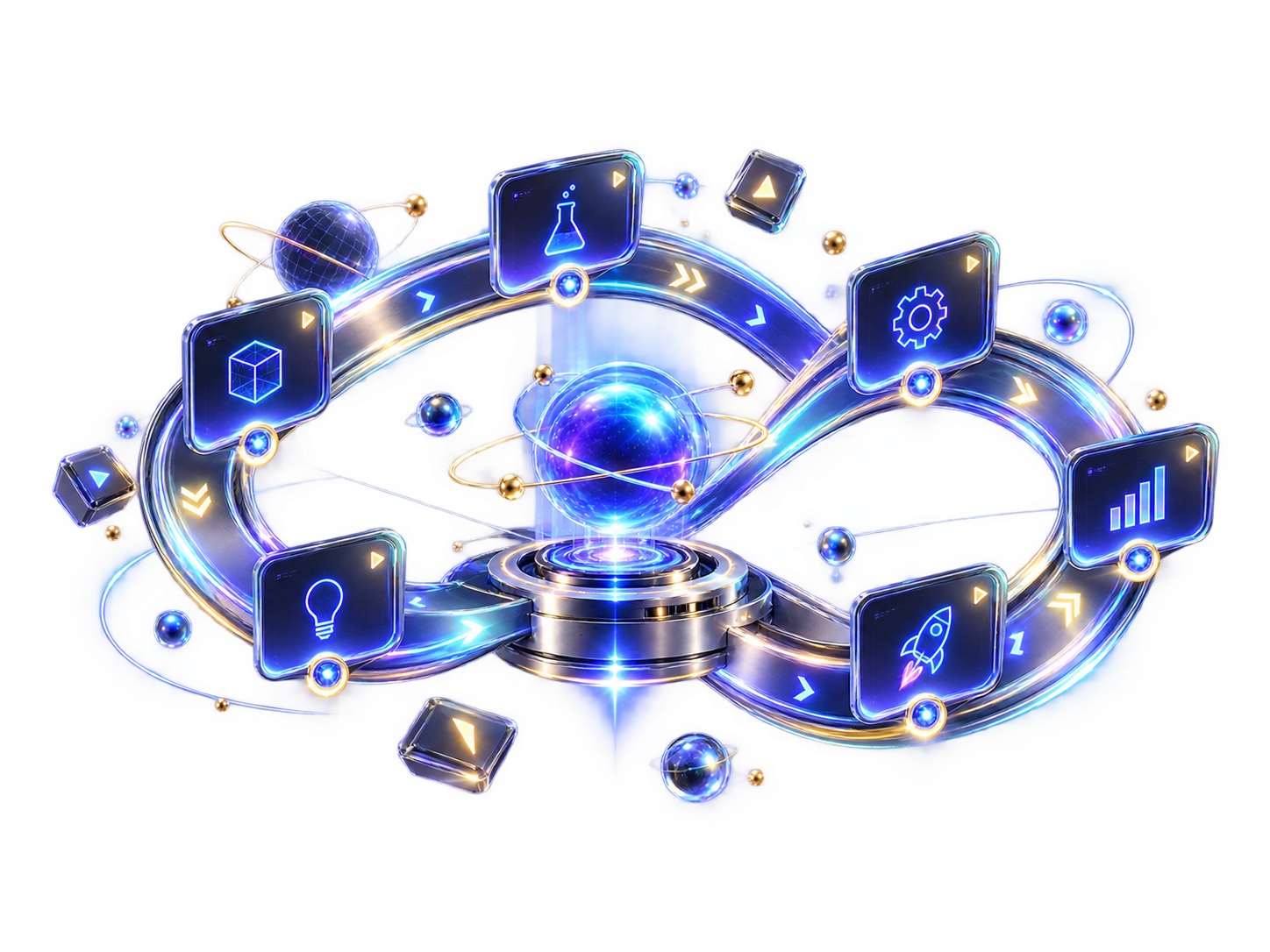 A continuous luminous innovation loop with orbiting experiment, build, launch and growth interfaces.