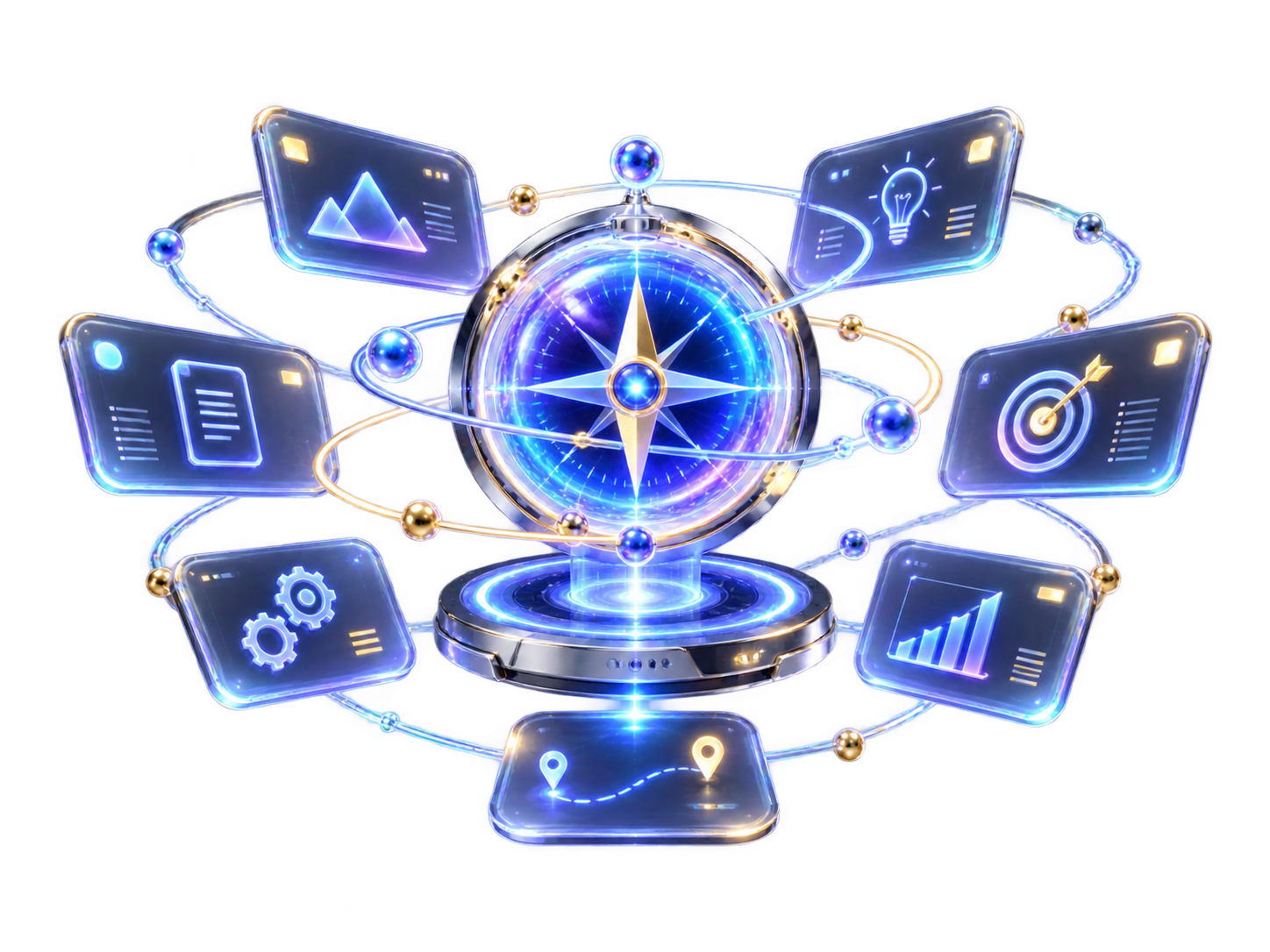 A luminous WebFoundry navigation compass surrounded by floating strategy, design, build, content and growth panels.